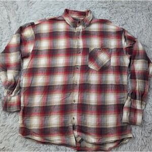 BTC Shirt Mens L Red Plaid Chore Workwear Button Up Pocket Comfort Soft